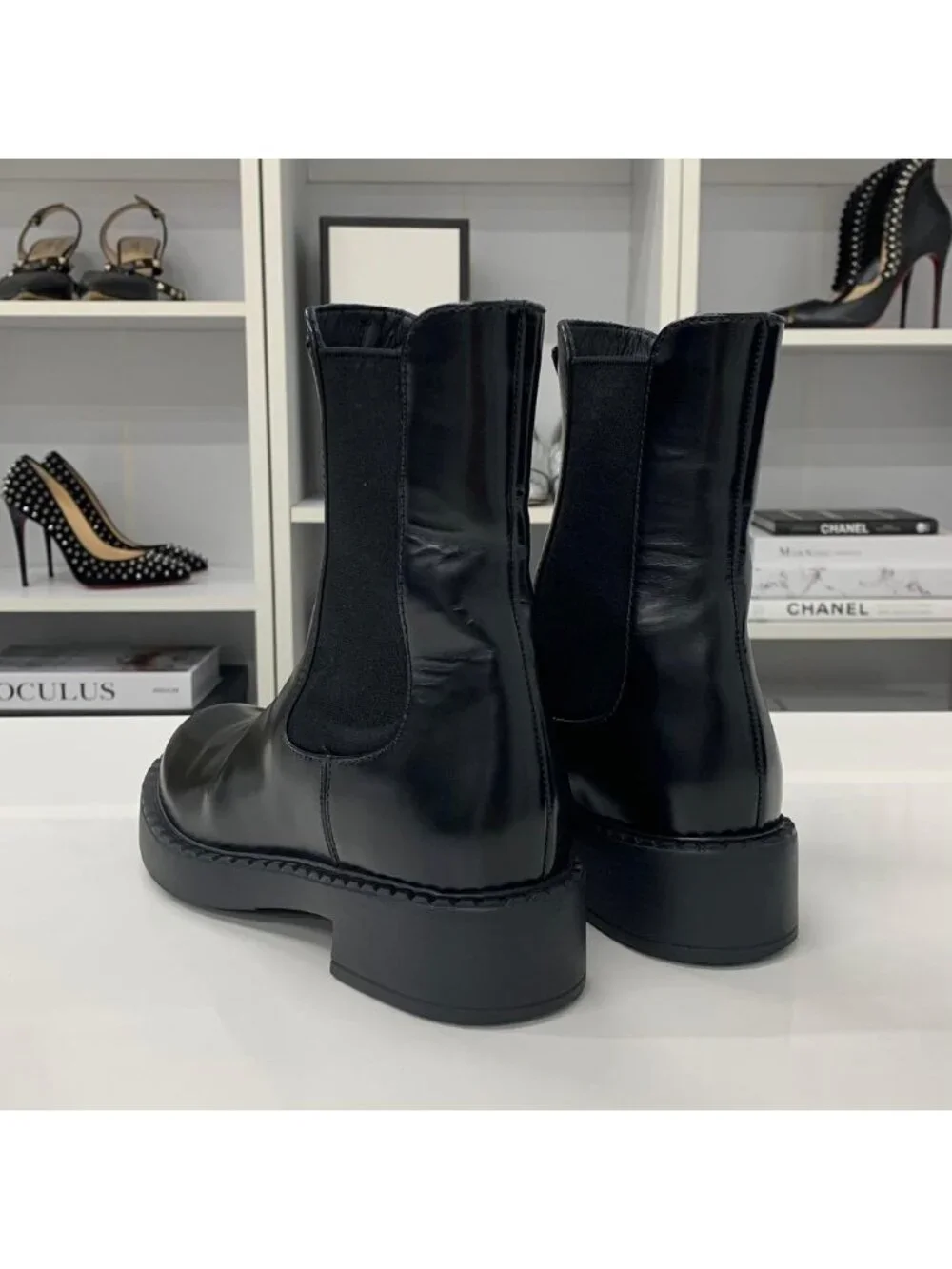 Prada Triangle Logo Leather Side Gore Short Boots Black